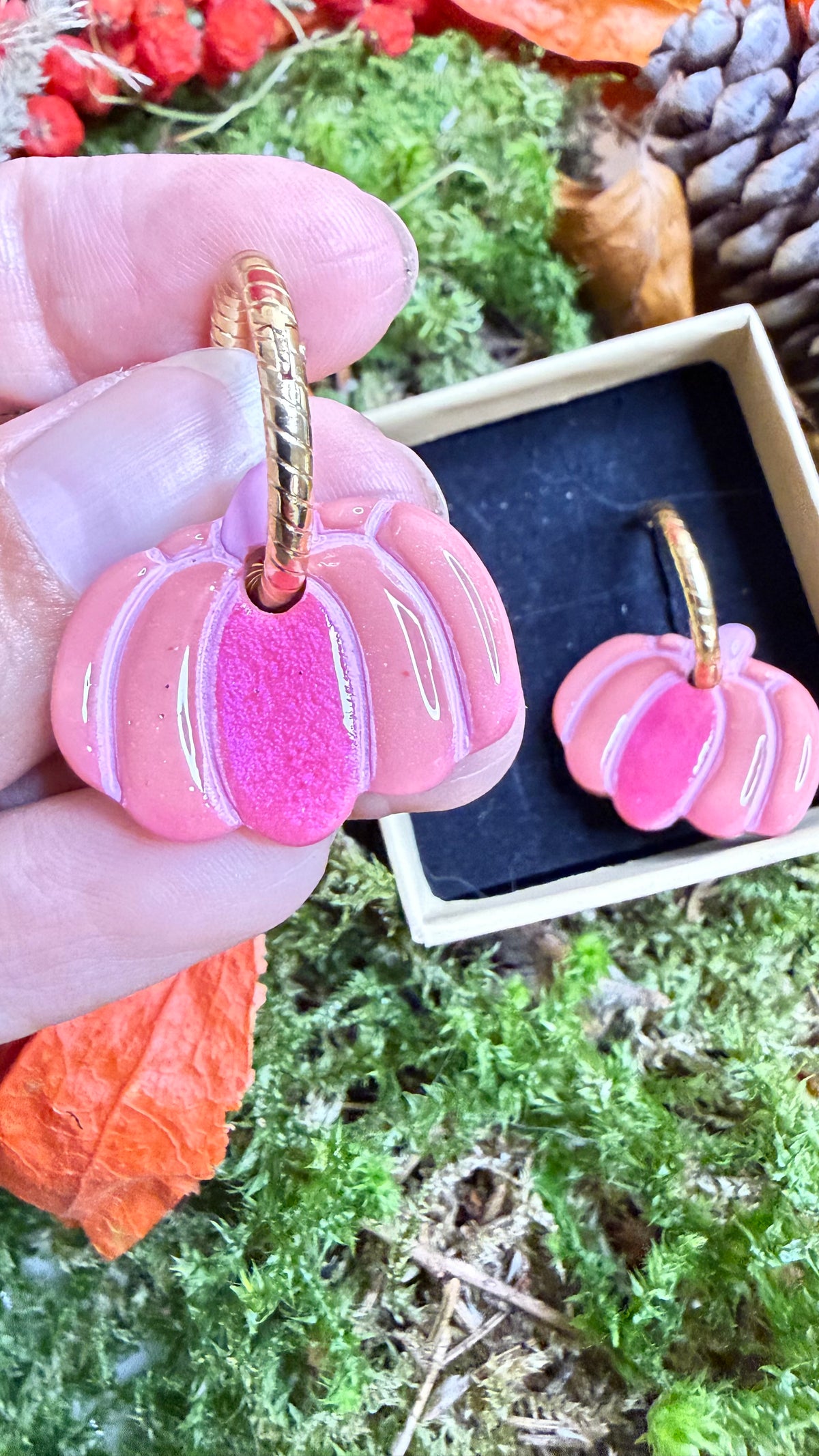 PAMPILLES Espérance – citrouille rose Octobre Rose –BOUCLES D’OREILLES INTERCHANGEABLES