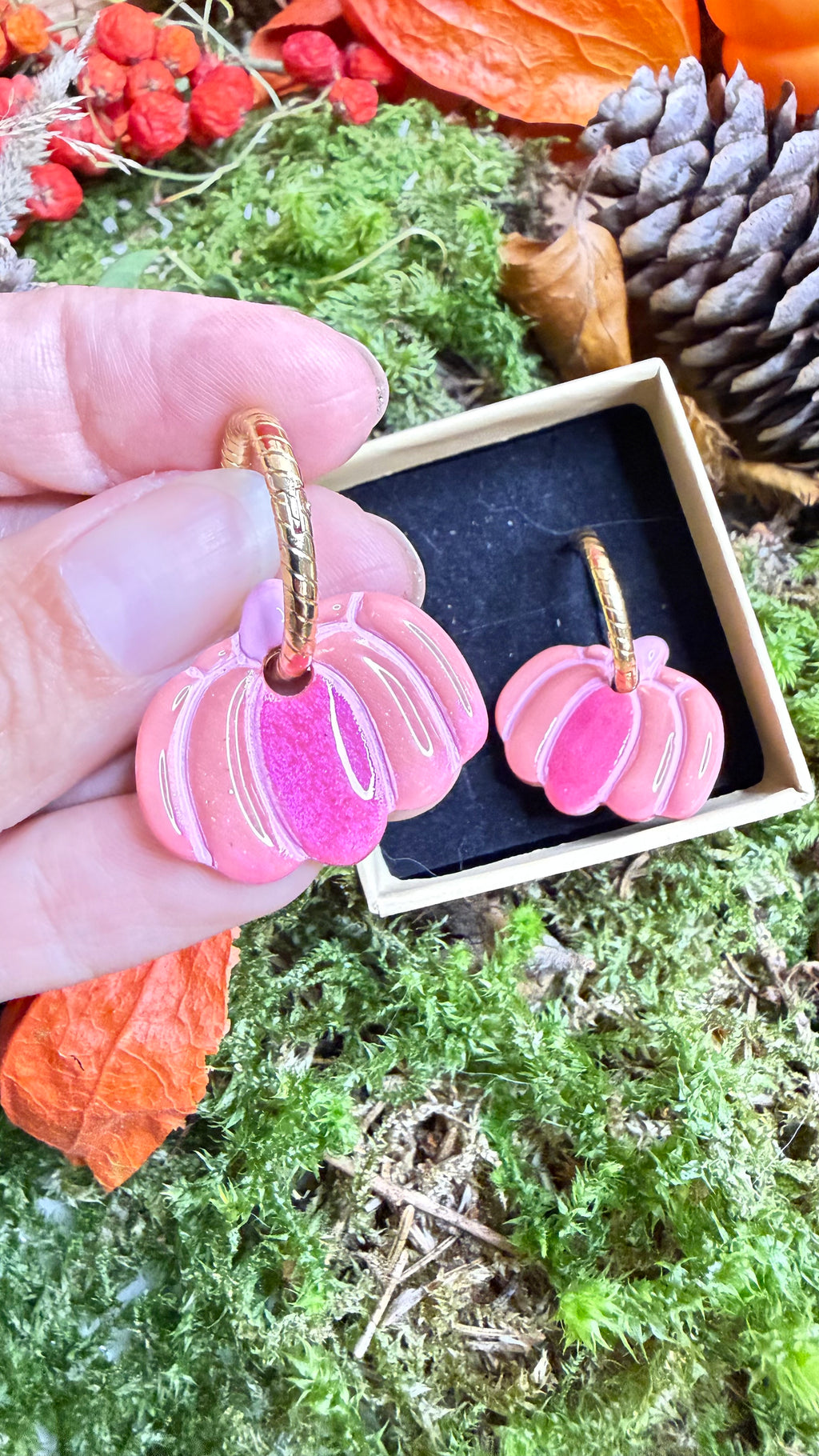 PAMPILLES Espérance – citrouille rose Octobre Rose –BOUCLES D’OREILLES INTERCHANGEABLES