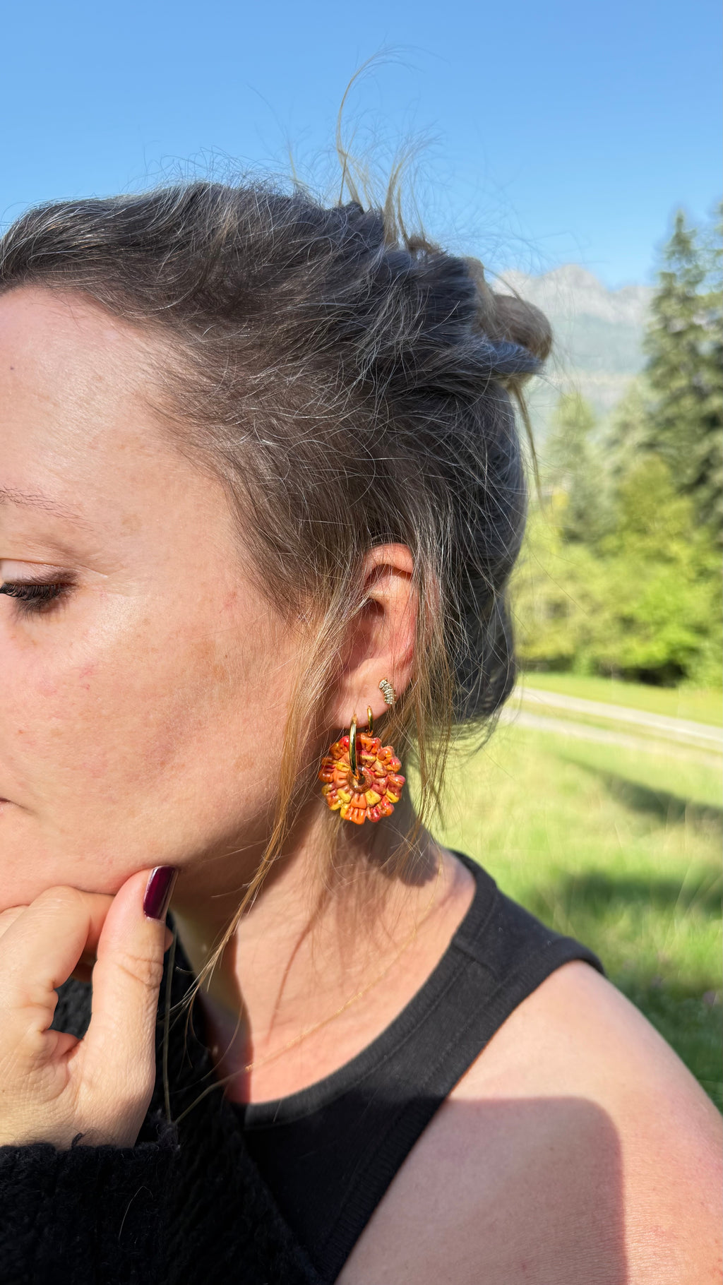 PAMPILLES Dalia fleur orange  –BOUCLES D’OREILLES INTERCHANGEABLES